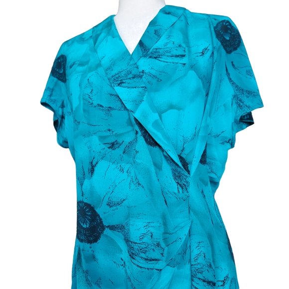 Equipage floral blue-green & black silk midi dress faux wrap drop sleeve size 12 - Picture 3 of 14